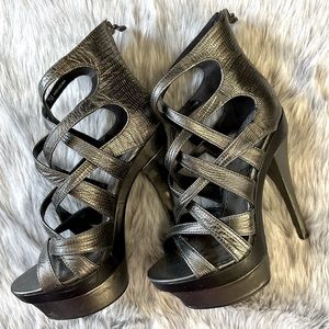 BEBE Adrianna Pewter Strappy Platform Heels Shoes 7